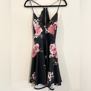 Iris Women Mini Dress XL Black Floral Zip Lace Back Cocktail Formal Holiday